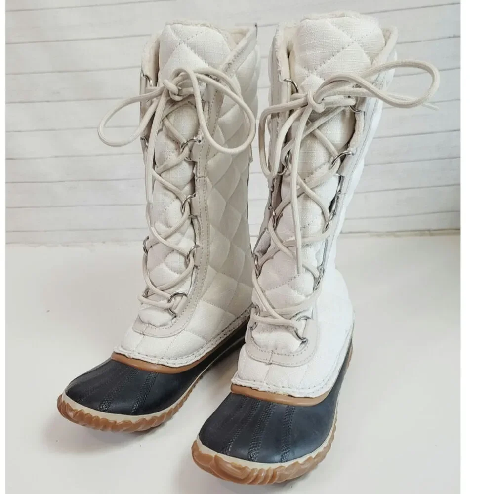 SOREL OUT & ABOUT TALL WATERPROOF LACE UP BOOTS IN WHITE, SZ 6.5